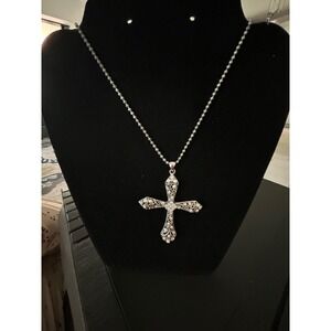 Silver Tone Filigree Cross Pendant Necklace Aurora Borealis Rhinestones 2 Inch
